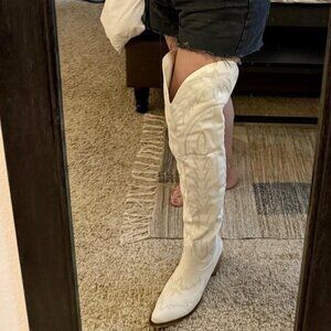 🆕Women White Polyurethane Over the Knee Adjustable Thigh High Cowgirl Boot